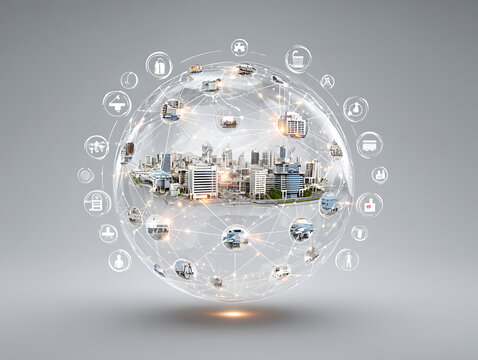 Futuristic global healthcare ecosystem sphere with digital connections