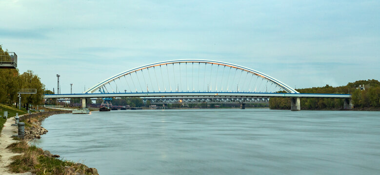 Apollo Bridge Arch Spanning Across Danube River in Bratislava