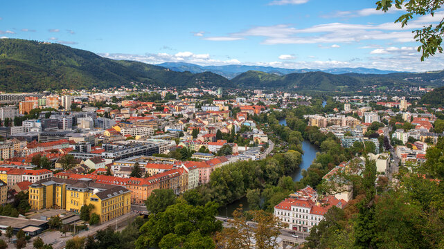 Panoramic High Angle View of Graz City and Mur River in Austria