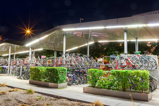 Two Tier Covered Bicycle Parking Station at Night in Graz Austria