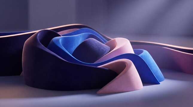 A high-quality 3D render featuring smooth, flowing abstract wave shapes in deep blue, light blue, and soft pink tones with a velvet-like texture.