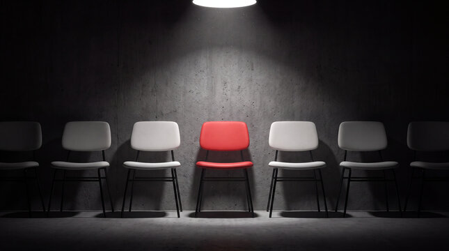 A conceptual image of a single red chair positioned among identical white chairs in a dimly lit concrete room, symbolizing individuality, leadership, and uniqueness.