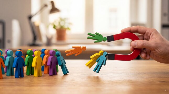 Magnet attracting people figures for recruitment and talent concept