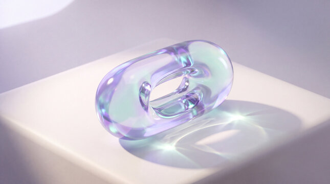 A high-quality 3D render featuring a translucent, iridescent glass chain link resting on a minimalist white platform with soft light refractions.