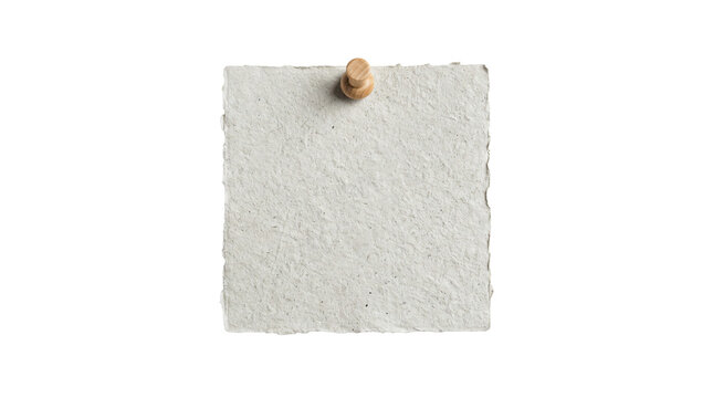 Textured handmade paper sheet with ragged deckled edges attached by a small wooden push pin isolated entirely on transparent background