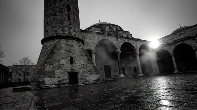 Black and white view of a grand mosque and its minaret with archways on a cloudy day