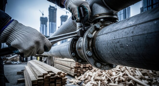 Construction Worker Tightening Large Industrial Pipe Flange For Infrastructure Project