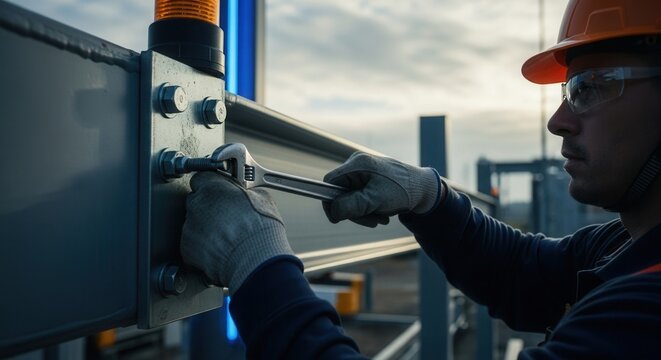 Construction Worker Tightening Bolts with Adjustable Wrench on Steel Beam