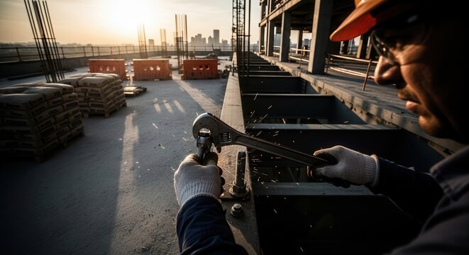 Construction Worker Tightening Bolts With Wrench Amidst Dusk City Skyline