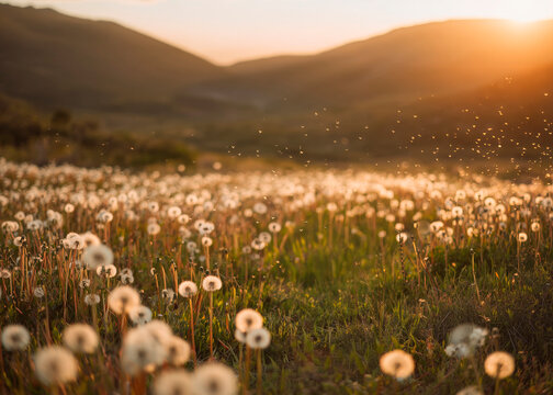 Photo Dandelion flower fields digital background. A Dandelion field at sunset digital backdrop. Summer sunrise Dandelion fields. Landscape with yellow field and clouds panorama view.	