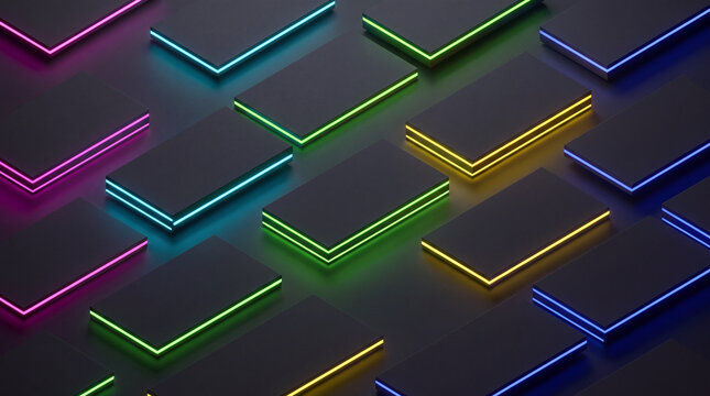A high-quality 3D render featuring a pattern of floating dark rectangular blocks illuminated by vibrant multicolored neon light strips in an isometric view.