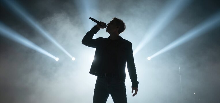 Silhouette of a male singer performing on stage with spotlights and smoke