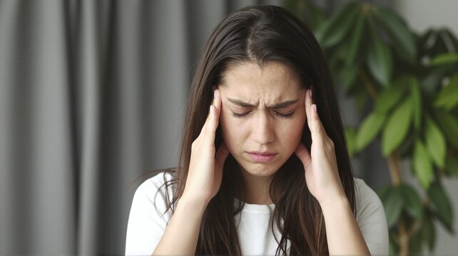 Young woman with headache, holding her temples in pain, looking distressed, indoors with plants