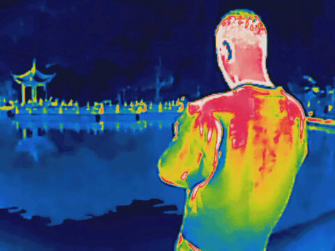 Tourists in the old district, urban tourism. Image from thermal imager device.