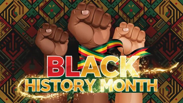 Diverse raised fists against African pattern background
