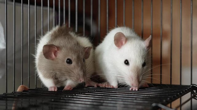 Two gray and white cute domestic decorative rats sitting in a cage
