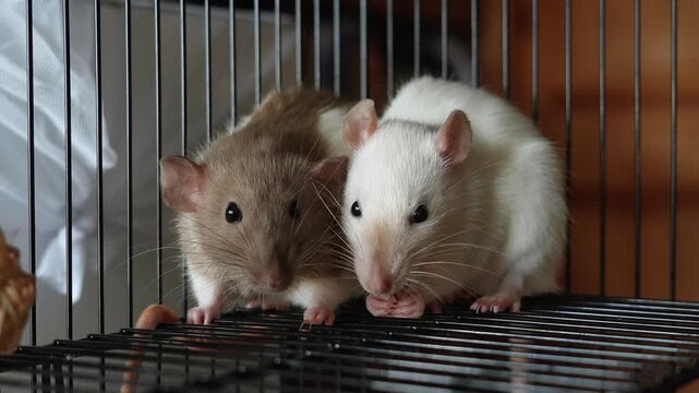 Two gray and white cute domestic decorative rats sitting in a cage
