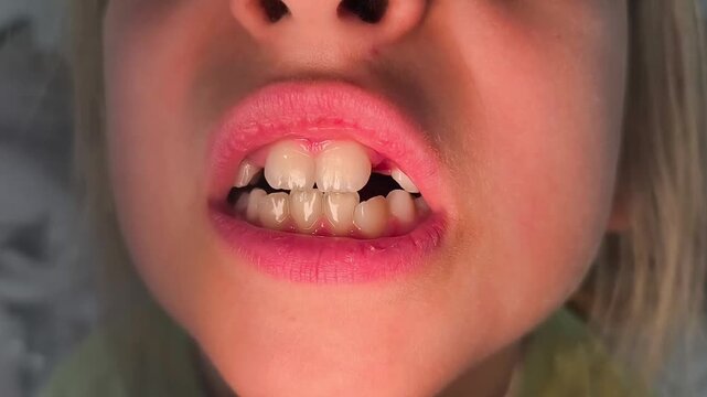 A baby tooth fell out. Child showing progression of a lost baby tooth, revealing gaps in the smile with close-up focus on teeth and lips in a well-lit indoor setting