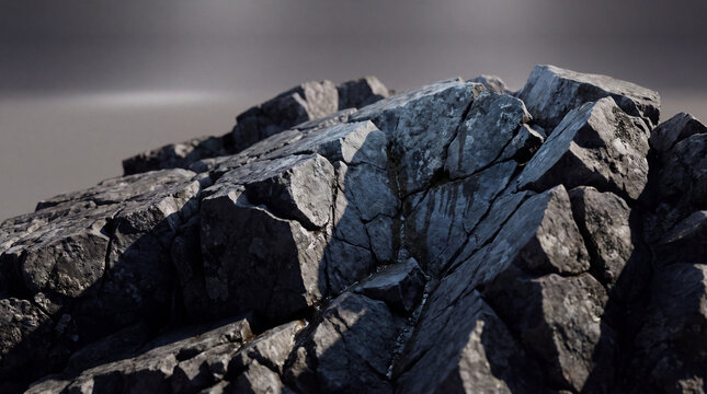 A sharp, high-angle close-up of a weathered, grey rocky outcrop with deep cracks and textured surfaces, set against a soft, muted atmospheric background.