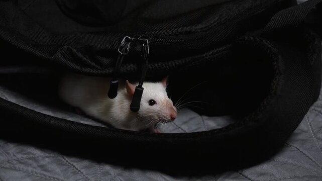 A cute domestic decorative rat on a walk sits next to a black human briefcase