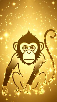 Vertical video of golden glowing Chinese zodiac monkey with sparkles