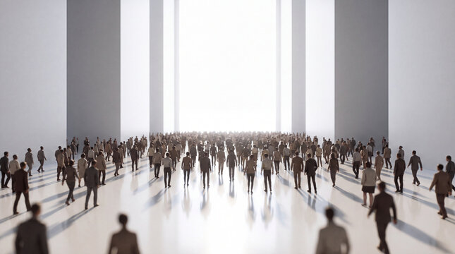 A diverse crowd of business professionals walking in unison toward a bright, glowing exit in a modern minimalist architectural space.