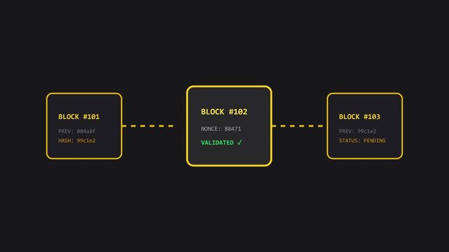 Blockchain technology network visualization with validated data blocks and distributed ledger connection process animation 4k
