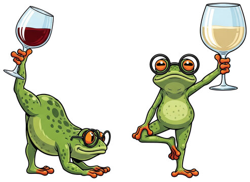 Cartoon frog wearing glasses holding glass with red and white wine on transparent background. Funny amphibian animal characters toast with alcohol beverage. Comic illustration set.