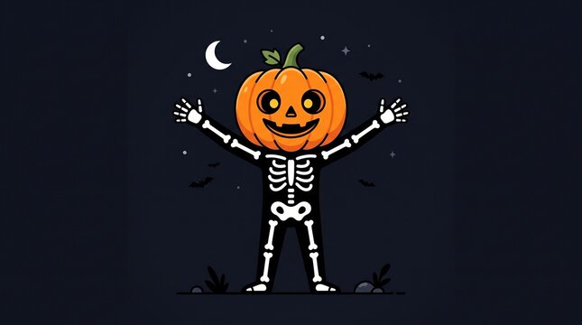 Hybrid Halloween character with a smiling orange pumpkin head and a cartoon skeleton body.