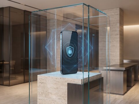 Smartphone showing security shield icon inside modern glass showcase