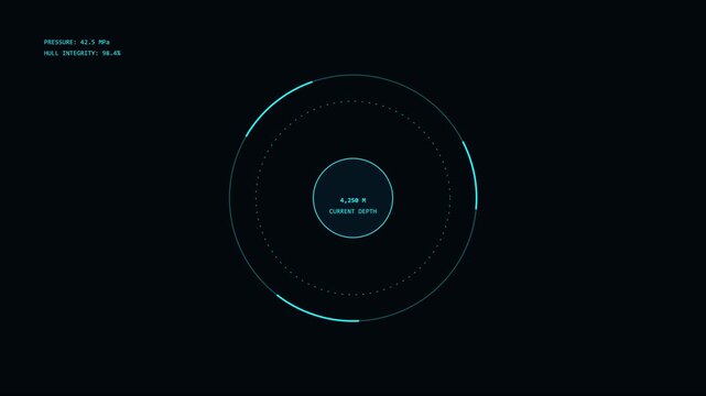 Deep sea submarine hud interface with pressure and depth gauge digital display animation 4k