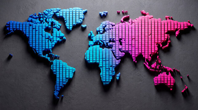 A conceptual 3D world map made of vertical pixel blocks with a blue to pink gradient, set against a dark textured background representing global connectivity.