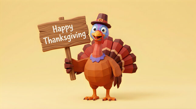 A low poly 3d rendered turkey wearing a pilgrim hat holding a wooden sign that says happy thanksgiving greeting