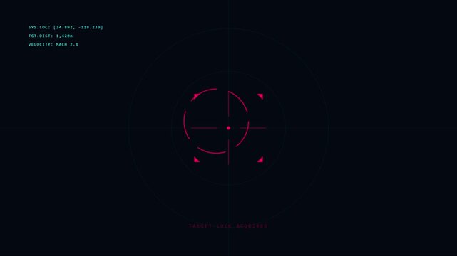 Digital hud target lock acquired interface with tactical crosshair and mach speed telemetry data overlay animation 4k