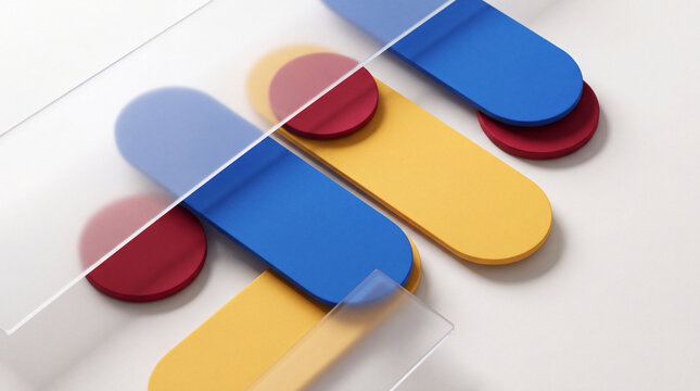 A high-angle studio shot of colorful 3D geometric shapes, circles and rounded rectangles, partially obscured by frosted glass sheets on a clean white background.