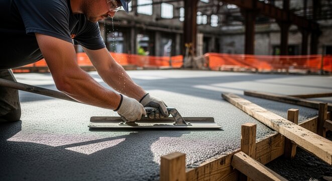 Construction Worker Smoothing Fresh Concrete With Trowel On A Sunny Day