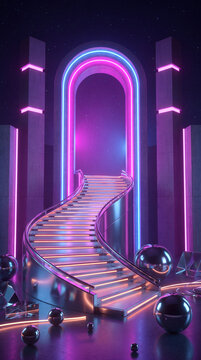 A stunning 3D render of a futuristic staircase leading through a glowing neon archway, surrounded by metallic spheres and abstract geometric shapes.
