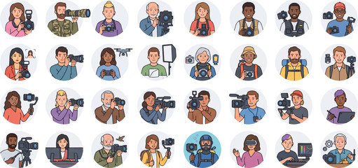 Obraz premium Diverse Camera Operator, Filmmaker, and Content Creator Vector Avatar Collection