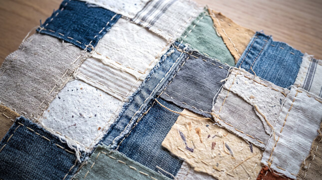 Patchwork quilt made from denim and assorted fabrics