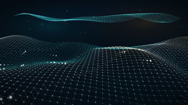 Abstract digital technology background featuring glowing particles and intersecting light lines in dark blue