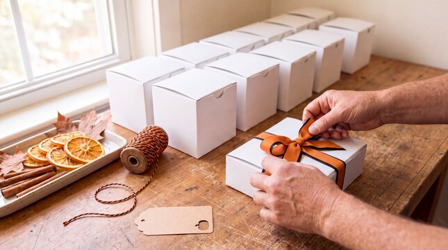 Small business owner packing orange ribbon gift boxes for Halloween
