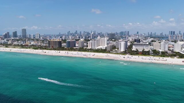 Aerial view of Miami beach and ocean. Miami coastline. Famous Miami skyline.