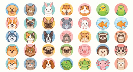 Fototapeta premium Kawaii Dog, Cat, and Small Pet Avatar Vector Collection
