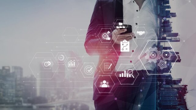 Business management system showing teamwork, productivity, and planning. Management supports goal, management tracks progress, management improves teamwork, and enhances productivity. Marrow