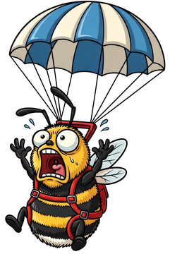 Scared cartoon bee skydiving with parachute on transparent background. Funny insect character flying with panic expression. Brave flying bumblebee mascot design for children education project.
