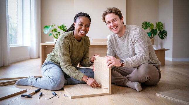 Young couple smiles while assembling wooden furniture