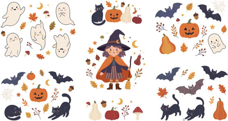 Fototapeta premium Cute Halloween Element Set with Little Witch Spooky Ghosts Black Cats Jack O Lantern Pumpkins Bats and Autumn Leaves for Holiday Graphic Designs