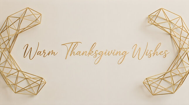 Beautiful elegant golden calligraphy lettering displays warm thanksgiving wishes beautifully framed by delicate geometric gold wire decorations on a clean