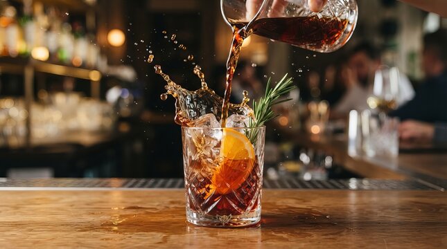 Slow motion pour of dark cocktail with ice, orange slice, and rosemary in crystal glass