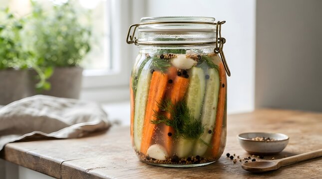 Pickled vegetables in a large glass jar standing on a wooden kitchen countertop.